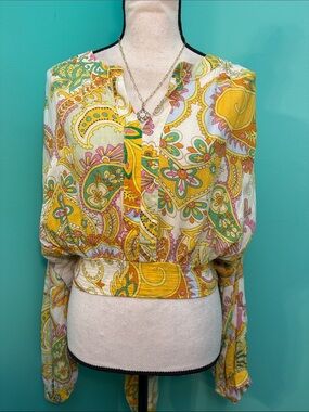 Haute Hippie Yellow Green Pink Paisley Crop Top